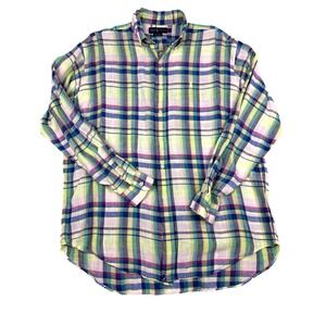 Ralph Lauren Blake 100% Linen Plaid Long Sleeve Button Down Shirt Mens Size L